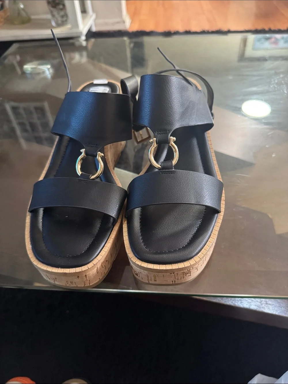 Gianni Bini Black Platform Sandals with Gold Accent